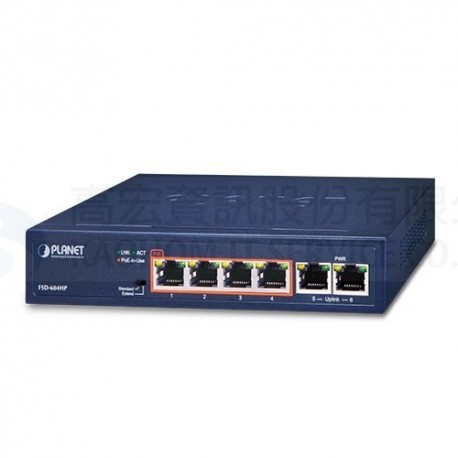 PLANET 普萊德 FSD-604HP 6埠 10/100Mbps 網路交換器, 4 port PoE